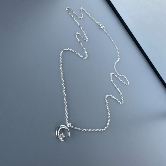 Sterling Silver CZ Crescent Moon Necklace - Picture 5 of 11